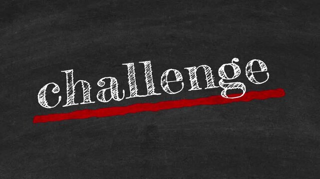 The Word Challenge Handwritten in White Chalk with Bold Red Underline on Black Chalkboard Background Symbolizing Business Obstacles, Problem Solving, Overcoming Competition, Strategic Effort