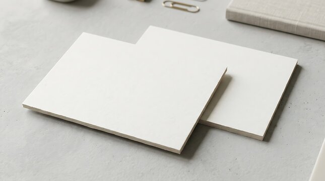 Two blank white paper cards on a textured grey desk with office supplies for branding mockup and professional design work