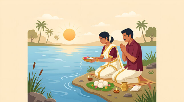 Karkidaka Vavu Vector Illustration with Kerala Couple Praying at Night by River in Traditional Attire with Brass Lamp, Incense Sticks, Rice Balls, and Crescent Moon