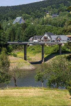 A small road bridge over the Elbe River next to the famous Labsk&aacute; přehrada dam in &Scaron;pindlerův Ml&yacute;n, Czech Republic.
