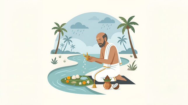 Karkidaka Vavu Bali Vector Illustration with Man Performing Ancestral Ritual Offertory, Offering Rice Balls Pinda, Water, and Nilavilakku Lamp by River Riverbank in Kerala