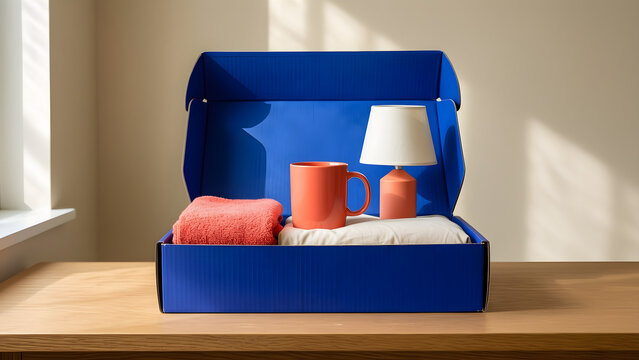 One cobalt open box containing a coral mug, towel, lamp and plain bedding for first-night essentials for home organization, renting, moving, small-space living and household-services campaign