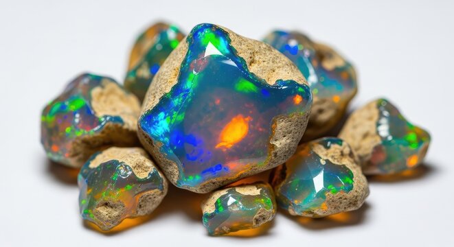 A detailed macro shot showcasing a central, unevenly shaped raw opal gemstone surrounded by a cluster of smaller, iridescent opals, white opal, treasure, stone