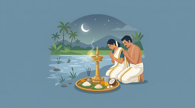 Karkidaka Vavu Vector Illustration with Kerala Couple Praying at Night by River in Traditional Attire with Brass Lamp, Incense Sticks, Rice Balls, and Crescent Moon