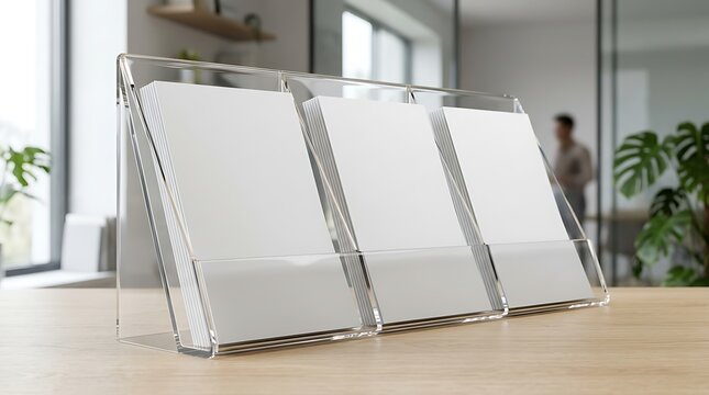 Clear acrylic brochure holder stand with three vertical pockets for displaying advertising leaflets on a wooden desk table