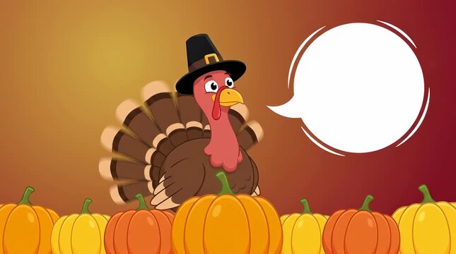Cartoon turkey character with empty speech bubble and pumpkins