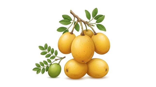 Fresh yellow marula fruits with green leaves isolated on white background