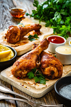 Air fryer chicken drumsticks with mayonnaise, ketchup and mustard on wooden table
