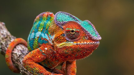 Chameleon close up eye portrait. Reptile animal nature photo exotic pet macro photo. Colorful scales Madagascar wildlife zoo photography. © SILVIA MAQQ