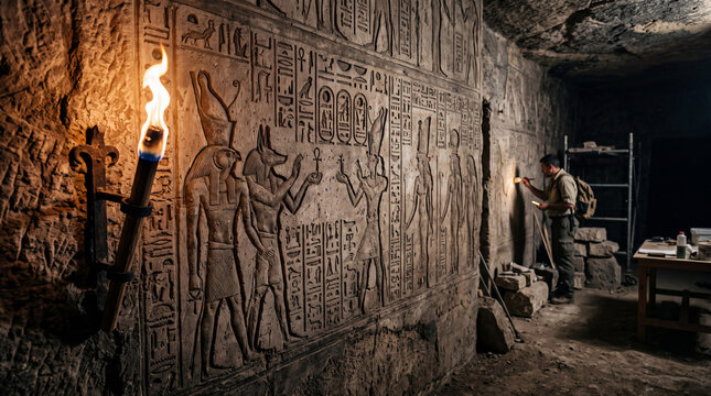 An archaeologist studying ancient hieroglyphics in a dimly lit tomb, illuminated by torchlight, revealing intricate stone carvings