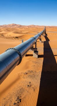 A long industrial gas pipeline stretches across a vast arid desert landscape with rolling sand dunes under a bright and clear sunny sky, ground, perspective, clear