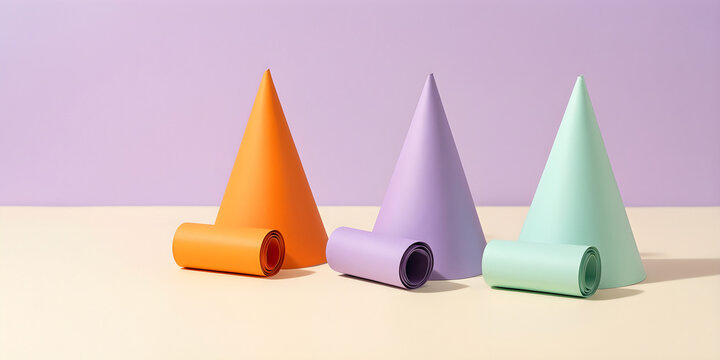 Three separate plain paper party horns with complete rolled ends for family-friendly Halloween retail, social and party campaign