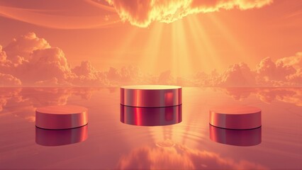 Fototapeta premium Red cylindrical platforms reflect sunset. Dramatic sky, clouds create warm, glowing atmosphere. Minimalist presentation scene.
