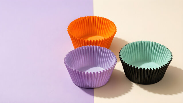 Three empty pleated paper cupcake cases in contrasting Halloween colors for family-friendly Halloween retail, social and party campaign