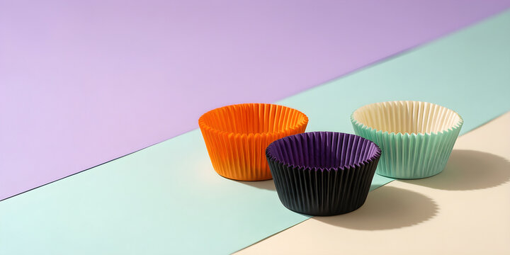 Three empty pleated paper cupcake cases in contrasting Halloween colors for family-friendly Halloween retail, social and party campaign