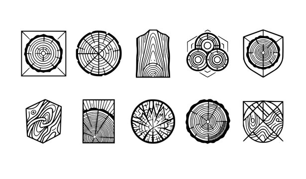 Wood Log Cross Section and Tree Trunk Ring Icon Vector Set Featuring Geometric Timber Textures for Lumberjack Carpentry and Woodworking Industry Logos