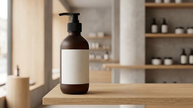 Brown plastic pump bottle with blank label standing on a wooden shelf in a modern bright spa or bathroom store interior