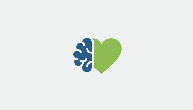 Half brain and half heart concept icon in blue and green colors representing balance between logic and emotion.
