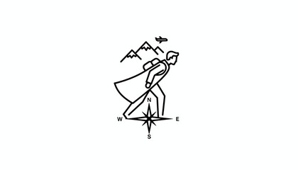 Fototapeta premium Minimalist black line icon representing a traveler hiking towards mountains with a compass beneath and plane overhead.