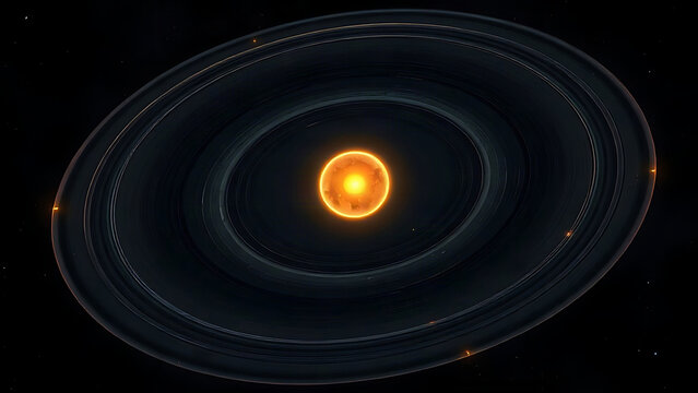Warped protoplanetary disk around star with glowing rings, dark space background, planet formation concept