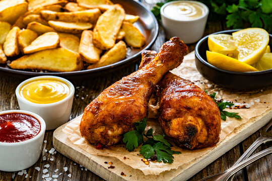 Air fryer chicken drumsticks with mayonnaise, ketchup and mustard on wooden table
