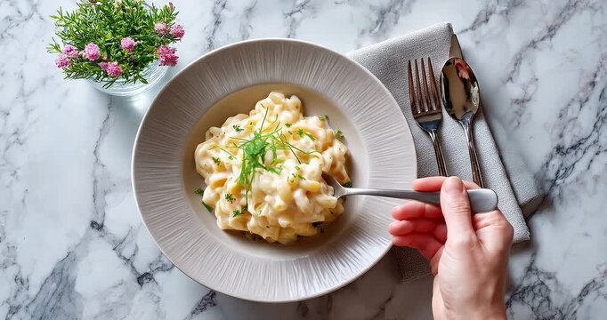 Gourmet pasta dish with creamy sauce served in a stylish ceramic bowl, top view of an elegant dinner setting on a marble table with fresh herbs and cutlery.