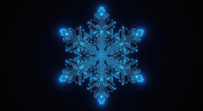 A mesmerizing digital circuit board shaped like a symmetrical snowflake with glowing blue lines and data nodes against a dark background, ice, circuit, board