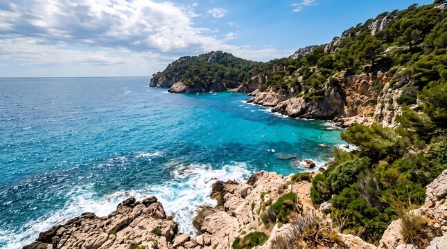 Turquoise Mediterranean Coast. Rocky Seaside Cove. Scenic Tropical Ocean Landscape. Nature Travel Photography
