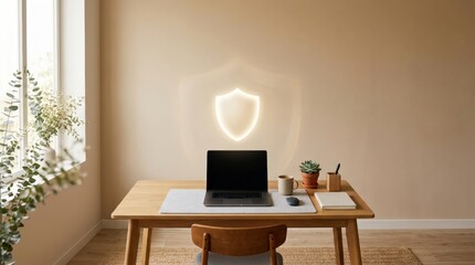 Fototapeta premium Clean home workstation with laptop and glowing shield symbol on wall