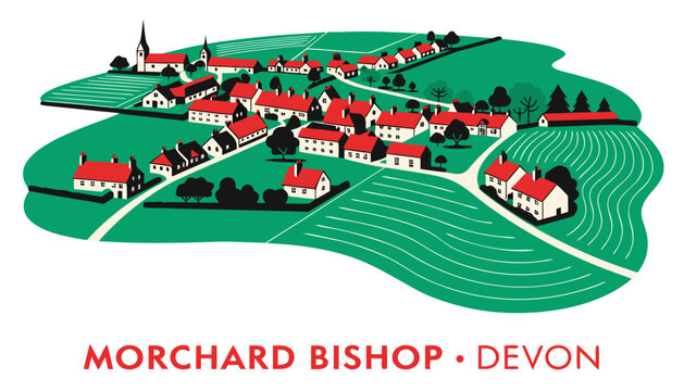 Very beautiful realistic vector illustration of Morchard Bishop village in Devon during summer, featuring a bold caption reading "MORCHARD BISHOP &bull; DEVON", red-roofed cottages, lush green fields, wind