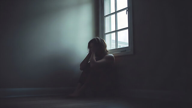 Person sitting in a corner hugging knees with face hidden in soft window light.