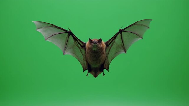 Flying bat with outstretched wings in cinematic motion against a green screen background