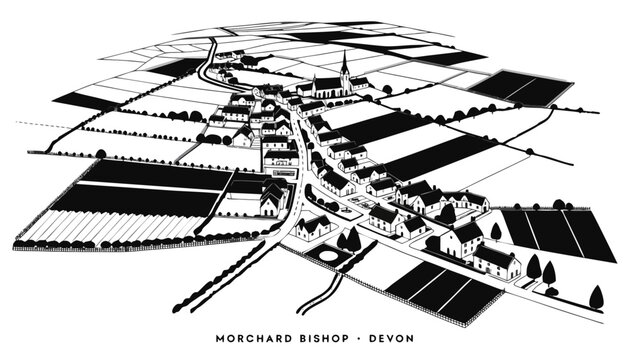 Very beautiful black and white realistic vector illustration of Morchard Bishop village in Devon during summer, featuring a bold caption reading , cottages, green fields, winding roads and detailed ae