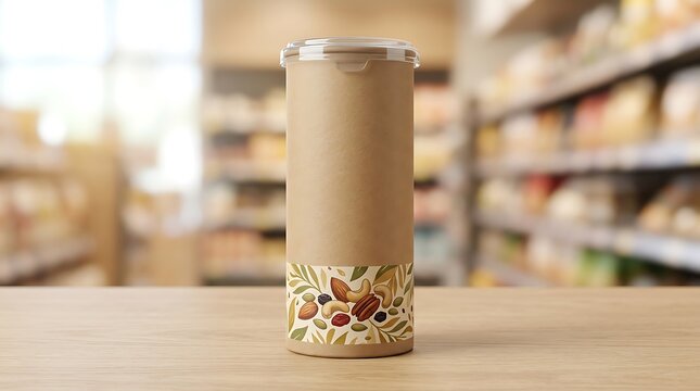 A tall brown cardboard paper tube container with a nut pattern sitting on a wooden table in a blurred grocery store