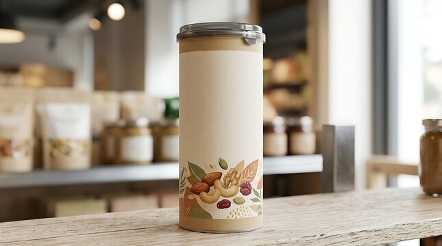 A tall cylindrical food container with a decorative fruit label standing on a kitchen counter in a bright home kitchen