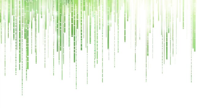 Minimalist digital rain of green matrix code falling at top left corner on white background with soft shadow