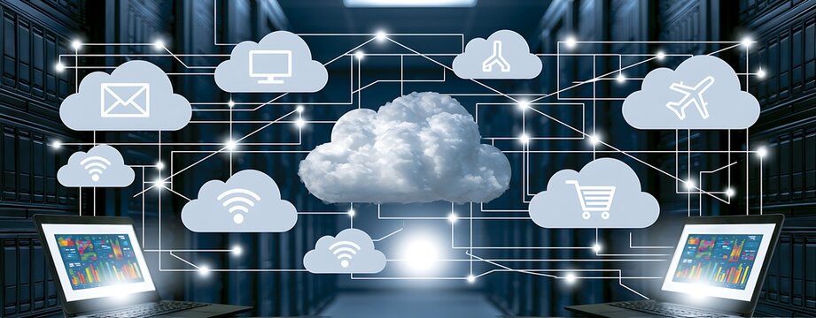 Internet data center room with server and networking device on rack cabinet and kvm monitor with charts on screen and cloud services icon with connection lines, cloud computing concept