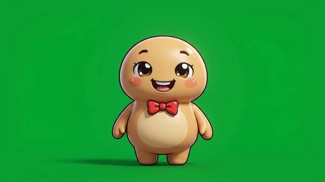 Cute cartoon character with a red bow tie standing on a green screen, happy and smiling, adorable animated creature.