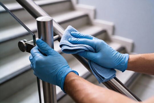 Person wearing blue gloves cleaning a metal handrail with a microfiber cloth on stairs
