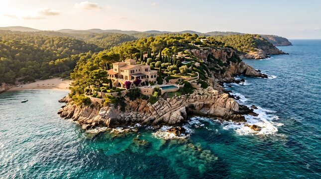 Mediterranean Coastal Villa. Turquoise Sea Cliffside Retreat. Scenic Island Resort Landscape. Luxury Travel Photography