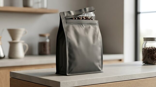 Black coffee bean bag standing on a kitchen counter in a modern home interior with blurred kitchen shelves in background
