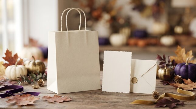 Autumn-themed gift bag and envelope on rustic wooden table with fall decorations Thanksgiving