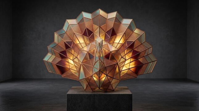 Geometric peacock sculpture made of stained glass and metal, intricate lowpoly design with warm internal lighting on a pedestal