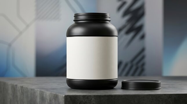 Black plastic protein powder jar with a blank white label and open lid sitting on a dark grey stone surface for branding