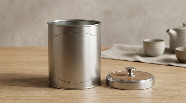 Empty silver metal tea canister with a wooden lid sitting on a wooden table in a bright kitchen for storage of dry food