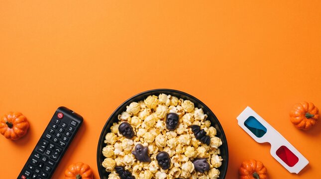 Enjoying a spooky halloween movie night with popcorn candy a remote control and 3d glasses on a bright orange backdrop