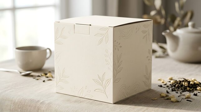 A single blank white cardboard box sitting on a wooden kitchen table next to a cup of tea and some scattered dry leaves