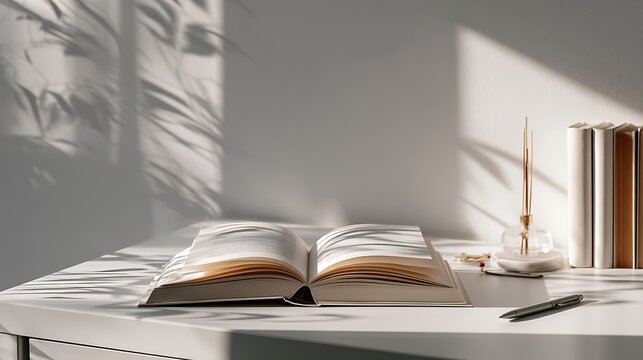 open book on white desk with pen and diffuser