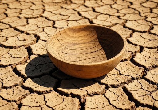 An empty wooden bowl sits on dry cracked earth under harsh sunlight representing a severe shortage of essential nourishment and resources, survival, economics, surface