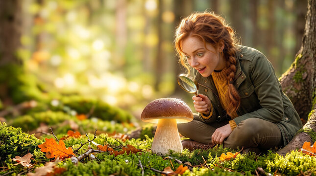 Joyful 25-year-old woman with ginger hair in hyperbolic amazement examining a giant glowing porcini mushroom with a magnifying glass on a mossy forest floor background with copy space 